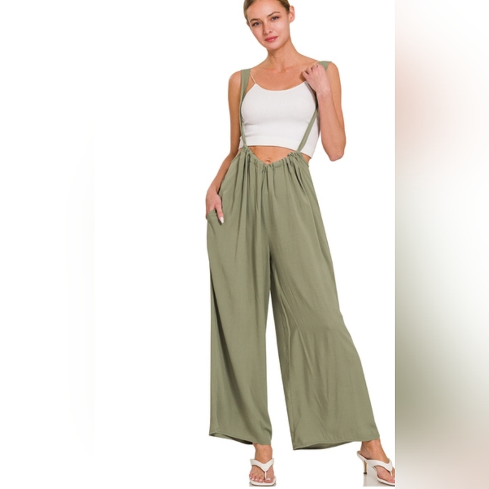 💥NEW Zenana WOVEN TIE BACK SUSPENDER JUMPER W/POCKETS~ Olive~Sm, Med, Lg Avail